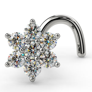 14K white gold CZ flower nose ring twist, angled view showing 7-stone cluster and screw post detail