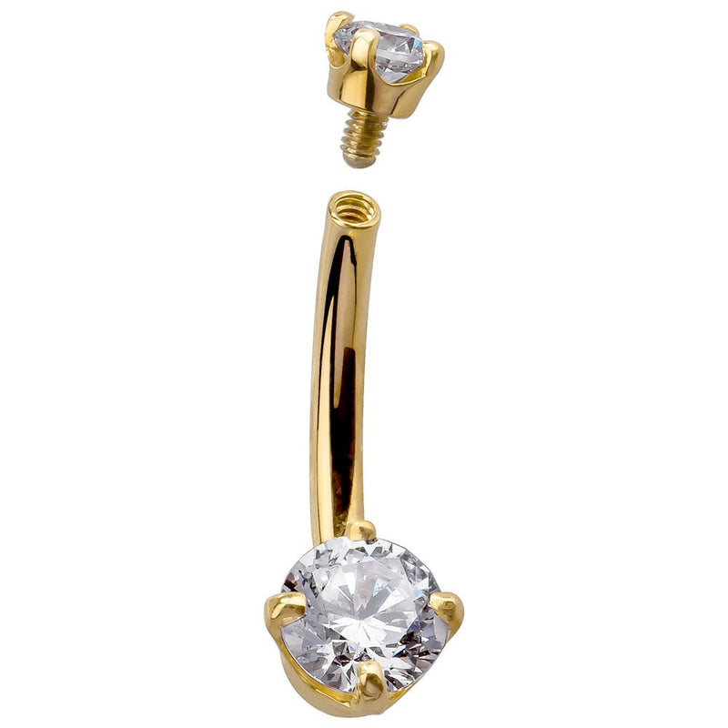 14k yellow gold diamond belly ring disassembled, showing internally threaded top end and curved barbell
