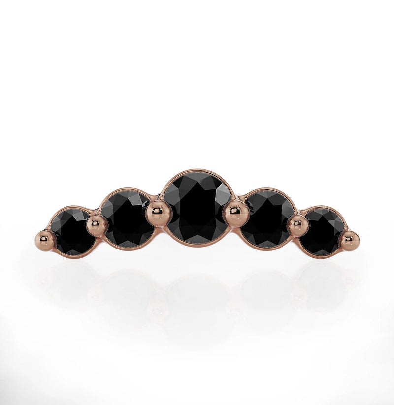 14K rose gold mini climber threadless stud end featuring 5 black diamond stones, front view
