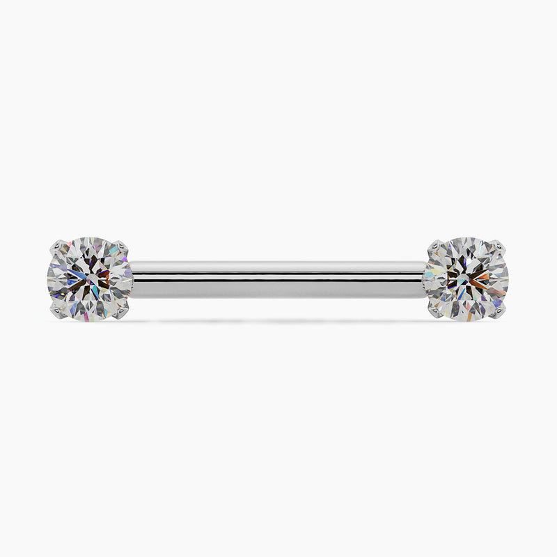 14k white gold straight barbell with dual round CZ in prong settings, front view