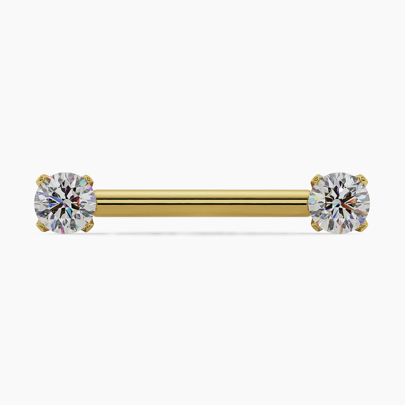 14k yellow gold straight barbell with dual round CZ in prong settings, front view