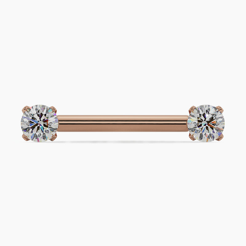 14k rose gold straight barbell with dual round CZ in prong settings, front view