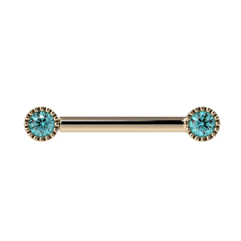 14k yellow gold straight barbell with dual 3mm aqua diamonds in milgrain Perlagé bezel settings