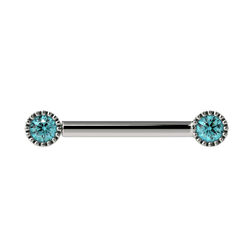 14k white gold straight barbell with dual aqua diamonds in vintage milgrain bezel settings, front view