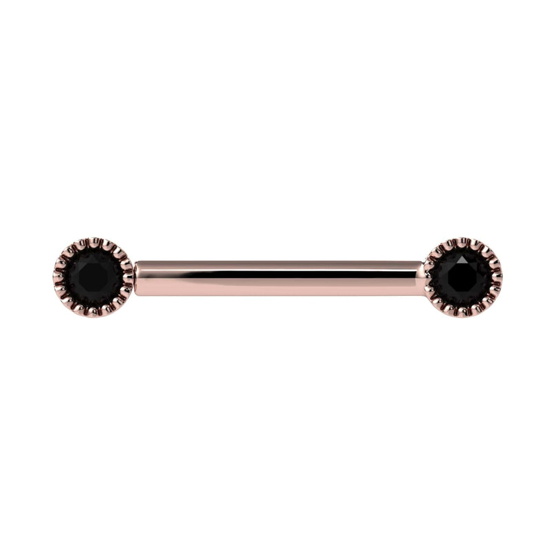 14K rose gold straight barbell with dual 3mm black diamonds in Perlagé milgrain bezel settings, front view