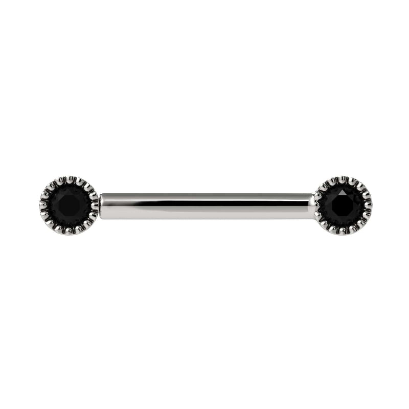 14K white gold straight barbell with dual 3mm black diamonds in vintage milgrain bezel settings, front view