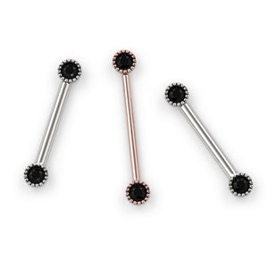 Black diamond Perlagé straight barbells in 14K white gold and rose gold shown side by side for color comparison