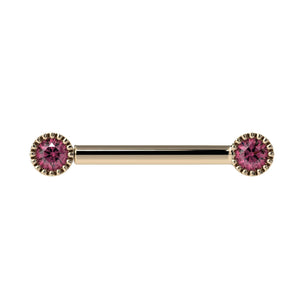 14k yellow gold straight barbell with dual 3mm pink diamonds in milgrain bezel settings, front view
