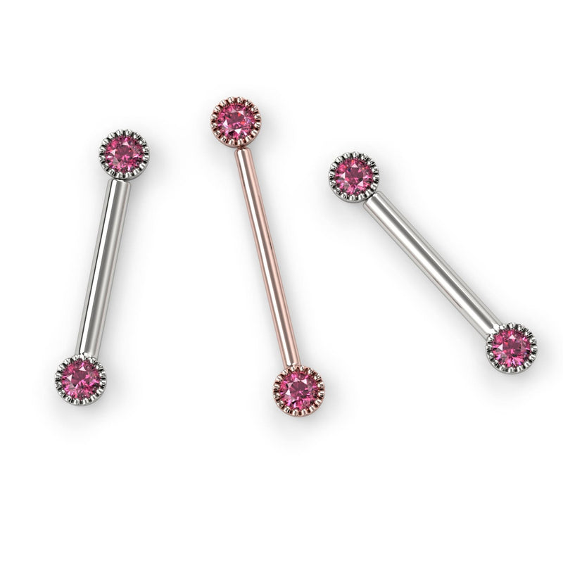 Pink diamond Perlagé nipple barbell shown in all three metal options: white gold, rose gold, and yellow gold