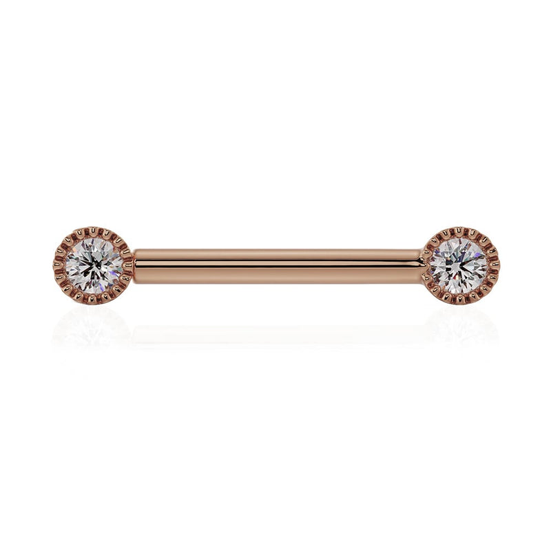 14K rose gold nipple barbell with dual 3mm VS1 diamonds in perlage milgrain bezels, front view