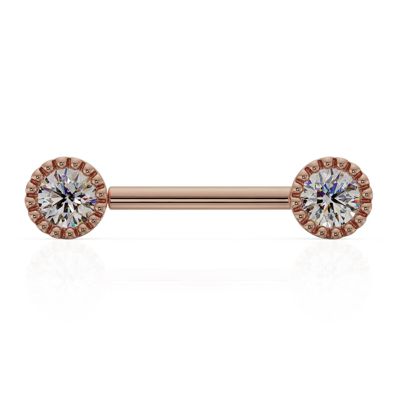 14K rose gold nipple barbell featuring dual 4mm VS1 diamonds with milgrain perlage bezels, front view