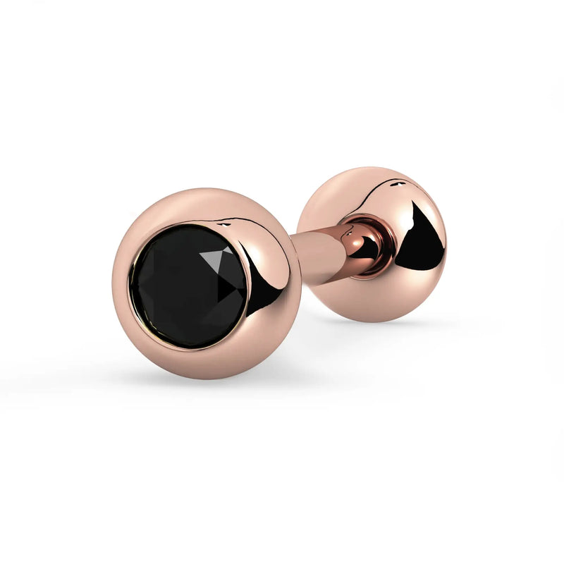 14k rose gold black diamond tongue ring, front-facing view showing contrast of black diamond and warm gold