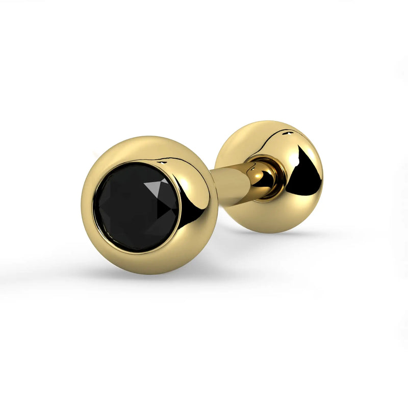 14k yellow gold black diamond tongue ring, front-facing view showing matte black diamond in bezel setting