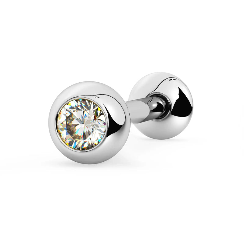 14k white gold diamond tongue ring, front-facing view with round brilliant diamond in polished bezel