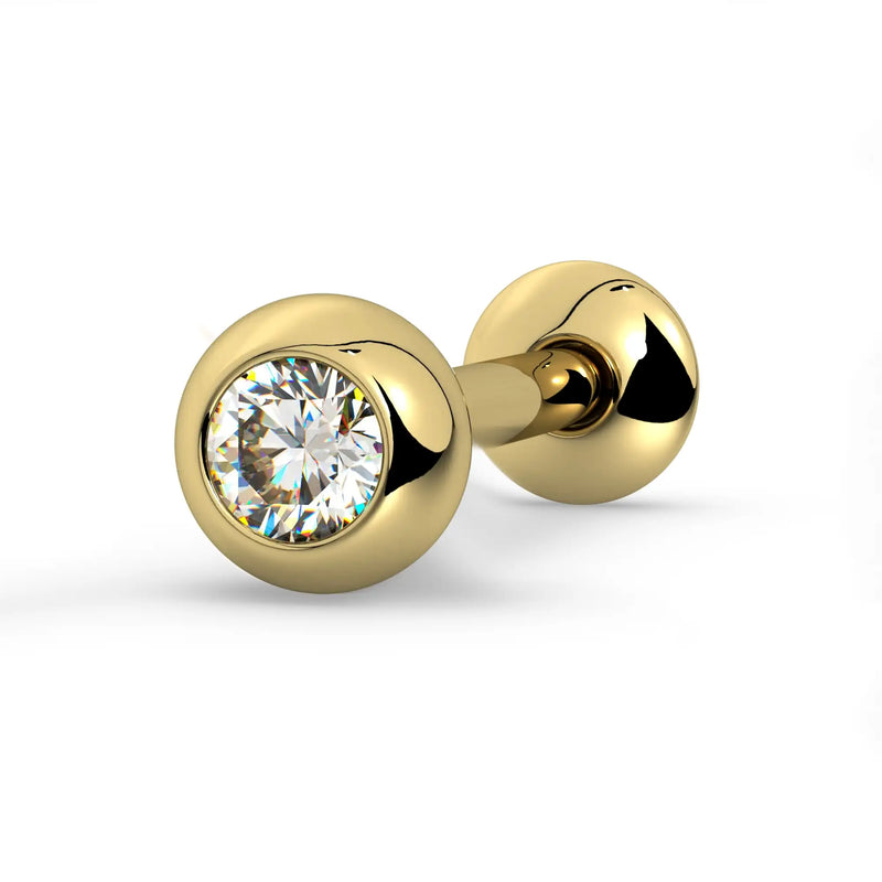 14k yellow gold diamond tongue ring barbell, front-facing view highlighting larger bezel and diamond sparkle