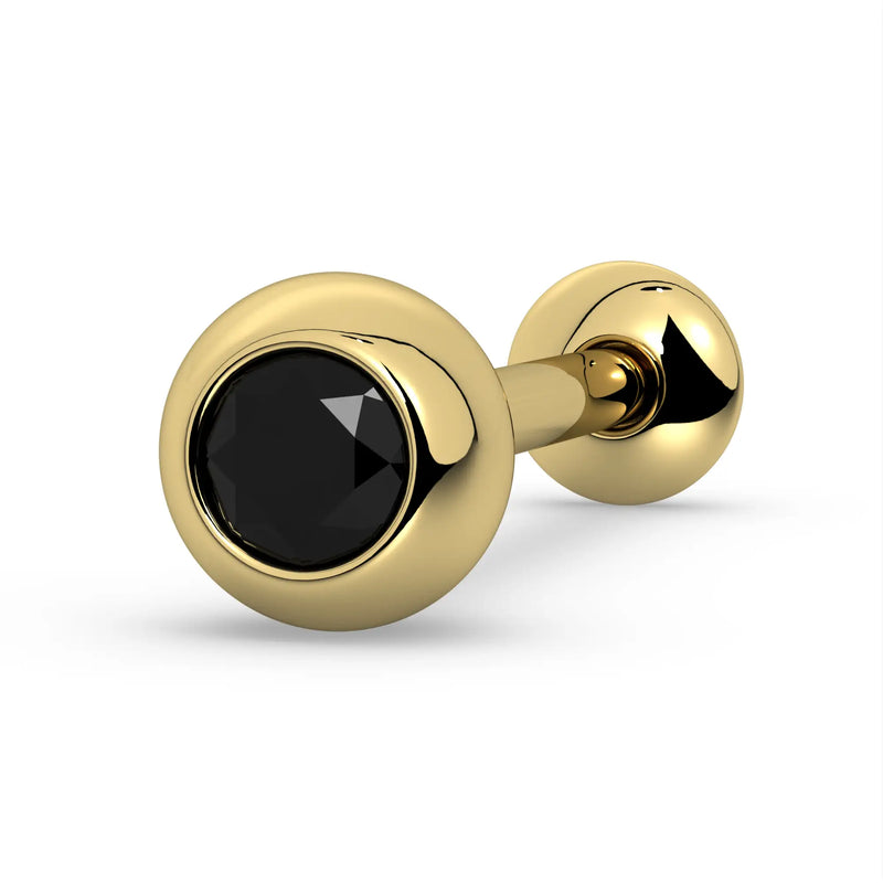 14k yellow gold black diamond tongue ring barbell with bezel-set round black diamond, angled view