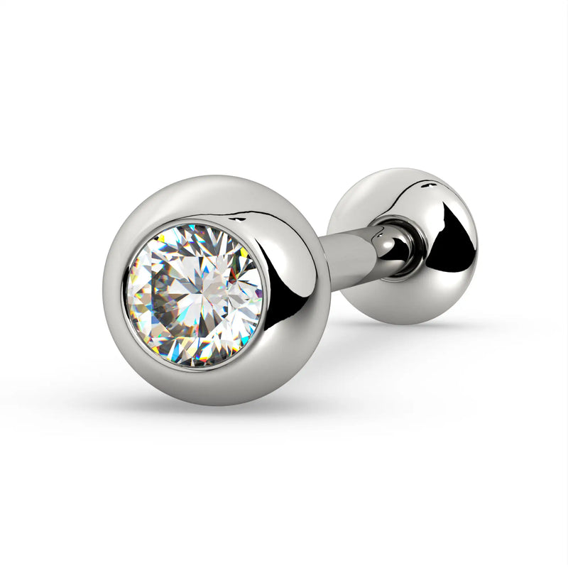 14k white gold diamond tongue ring barbell with bezel-set round diamond, angled view