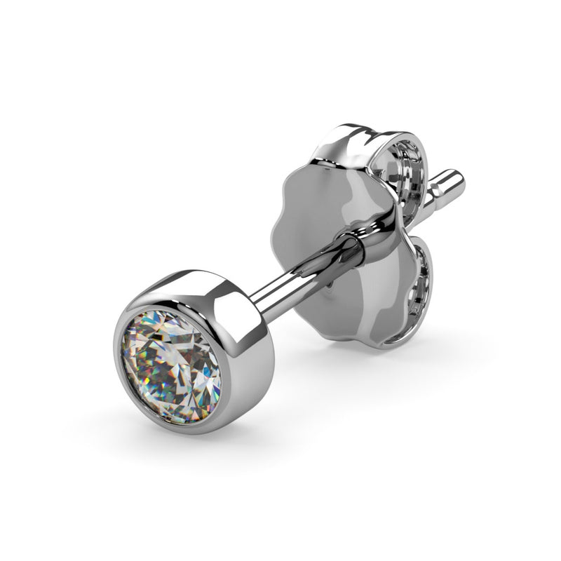 Single 14K white gold bezel-set diamond stud earring, angled view with butterfly back visible