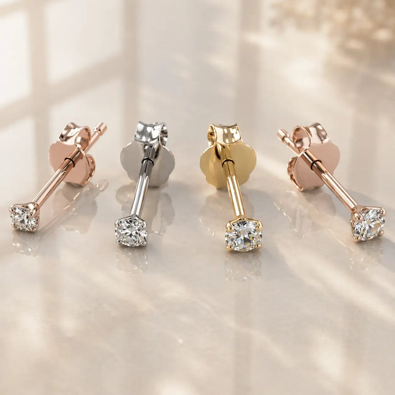 14K rose gold, white gold, and yellow gold diamond stud earrings showing front and back views