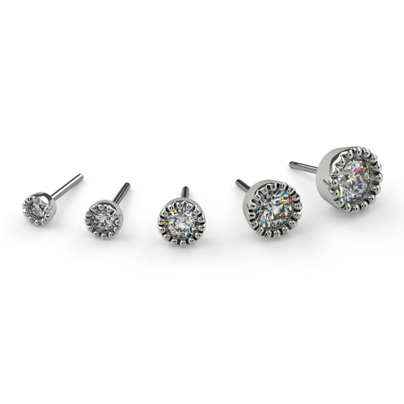 14k white gold diamond milgrain bezel threadless ends in five sizes, 1.2mm to 3mm