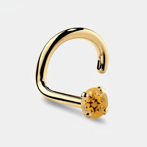 14K yellow gold citrine nose ring twist style with prong-set orange gemstone, angled view
