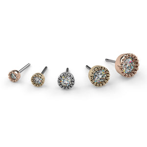 Diamond milgrain bezel threadless ends in mixed metals, five sizes from 1.2mm to 3mm