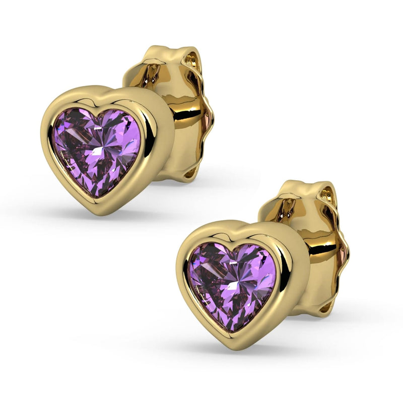 14k yellow gold amethyst heart stud earrings pair, product render with purple stones in yellow gold bezels