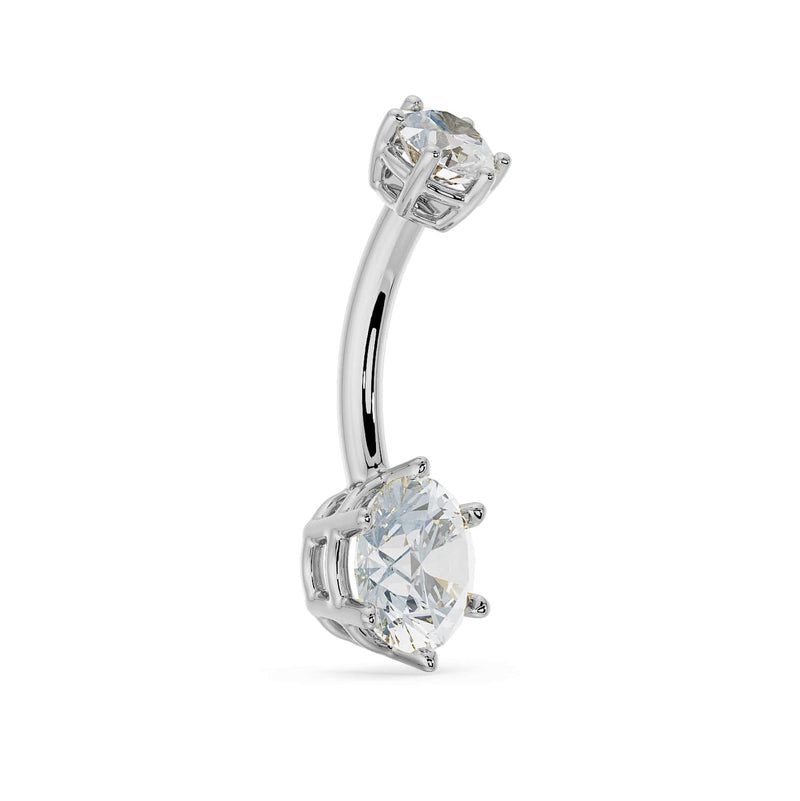 14k white gold moissanite belly ring showing curved barbell and prong detail, angled side view