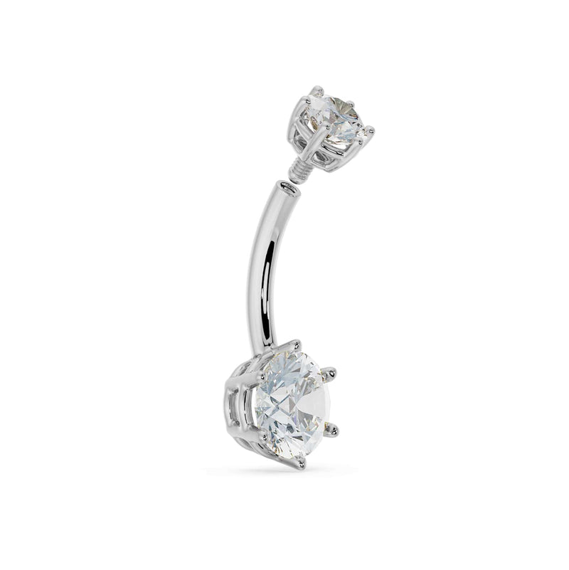 Side profile of 14k white gold moissanite navel ring showing internally threaded post and prong construction