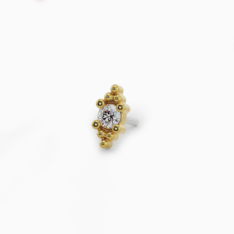 14k yellow gold Bali Blossom diamond threadless end with beaded accents, angled side view
