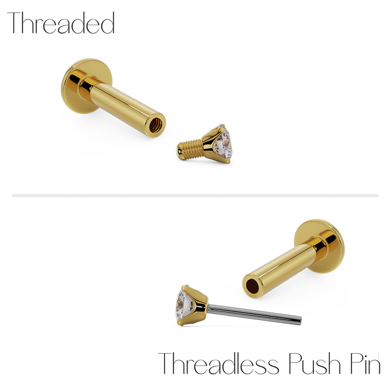 Diagram comparing threaded and threadless push pin backing options for 14k gold diamond flat back labret