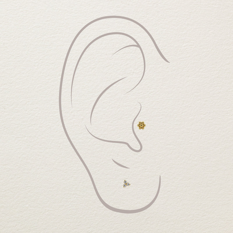 Illustration of 14k gold flower stud end placement in tragus and lobe ear piercings