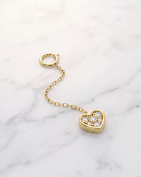 Belly ring charms - 14k yellow gold pave diamond heart charm on chain on white marble