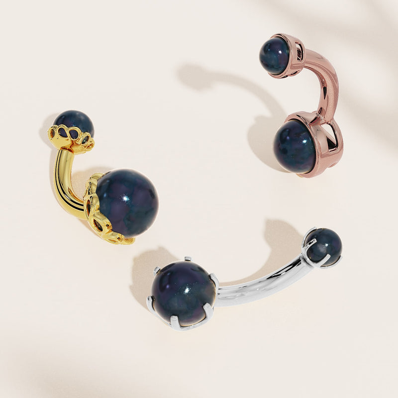 Black Akoya pearl belly rings in all three metal options: 14k yellow, rose, and white gold side by side