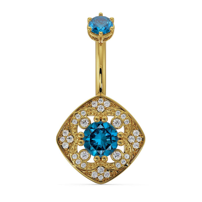 14k yellow gold Fleur de Chance navel ring with blue diamond center and CZ halo, front view