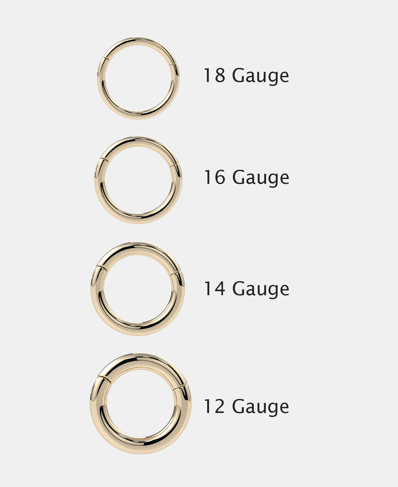 14K gold seam ring gauge comparison chart showing 18G, 16G, 14G, and 12G wire thickness