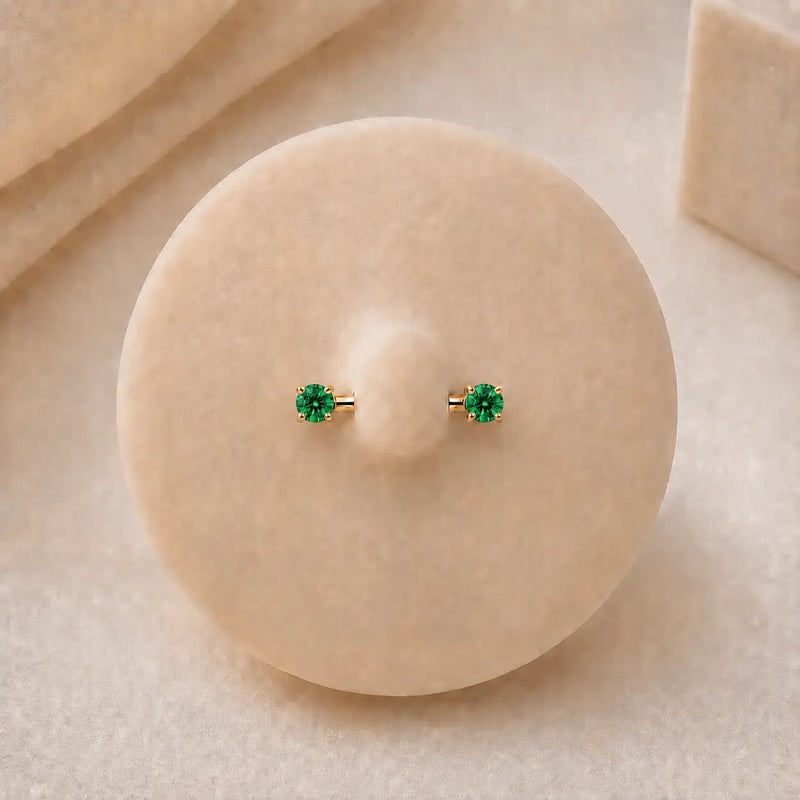 Green cubic zirconia nipple barbell in solid 14k gold - for nipple piercings