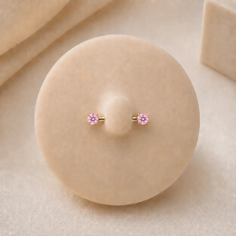 Pink cubic zirconia nipple barbell in solid 14k gold - for nipple piercings
