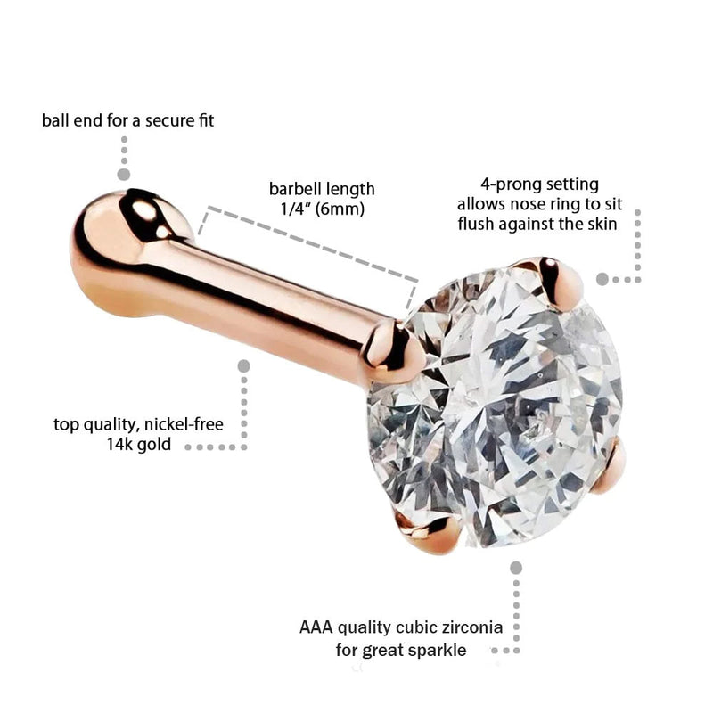 14k rose gold CZ bone nose ring annotated showing ball end, 6mm barbell length, and prong setting