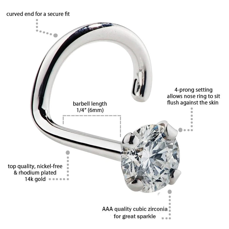 Annotated diagram of 14k white gold CZ twist nose ring with callouts for 4-prong setting and 6mm post