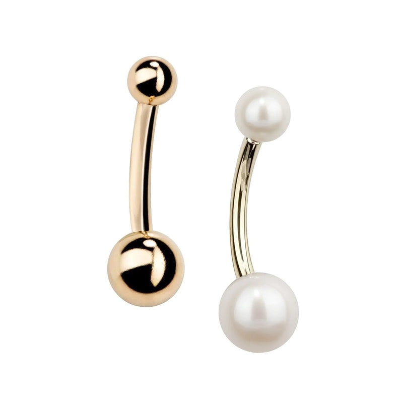 14k yellow gold double ball and cultured pearl navel ring set, both belly rings shown side by side