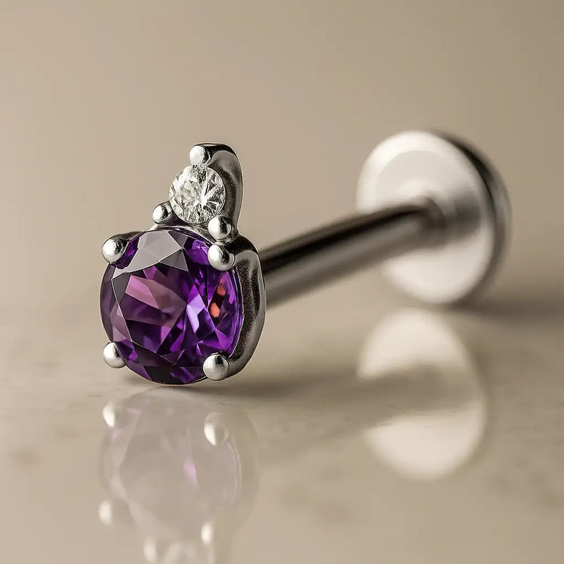 14k white gold flat back labret with round amethyst and diamond accent, angled side view