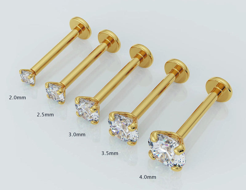 14k yellow gold diamond flat back labret stone size comparison: 2mm through 4mm options labeled