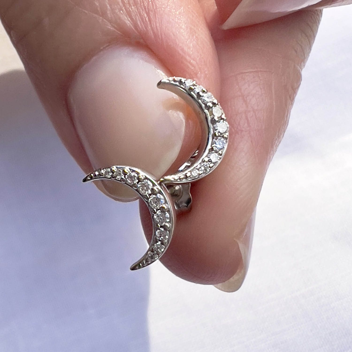 Diamond Crescent Moon 14k Gold Stud Earrings