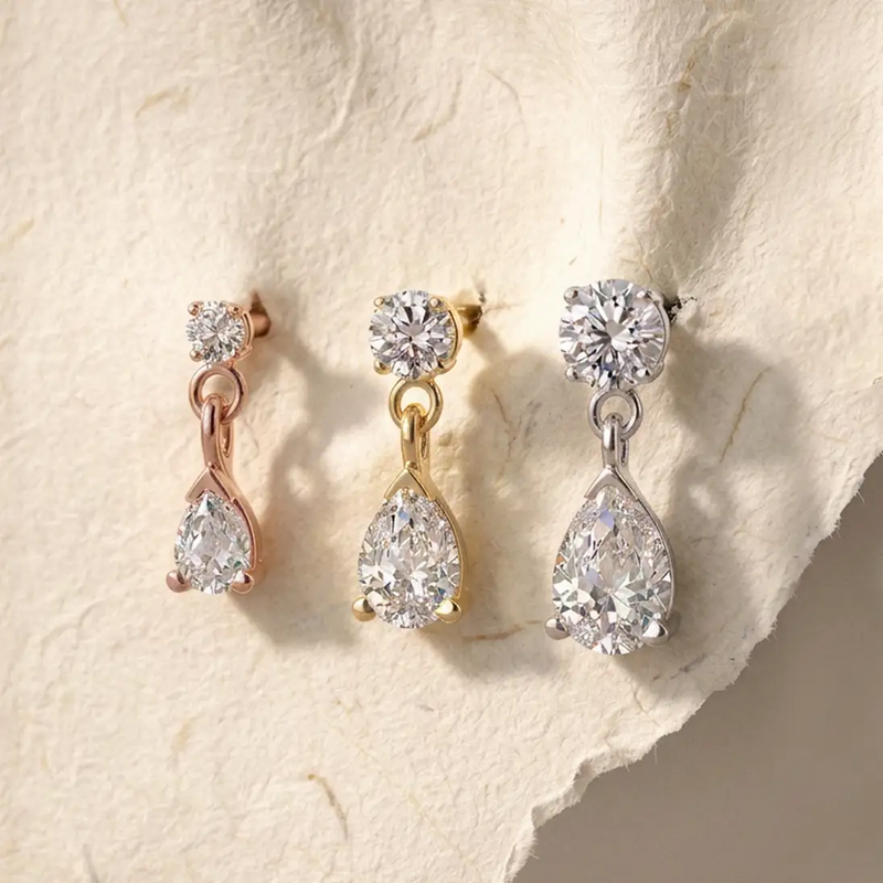 Diamond pear drop flat back stud earring in solid 14k gold