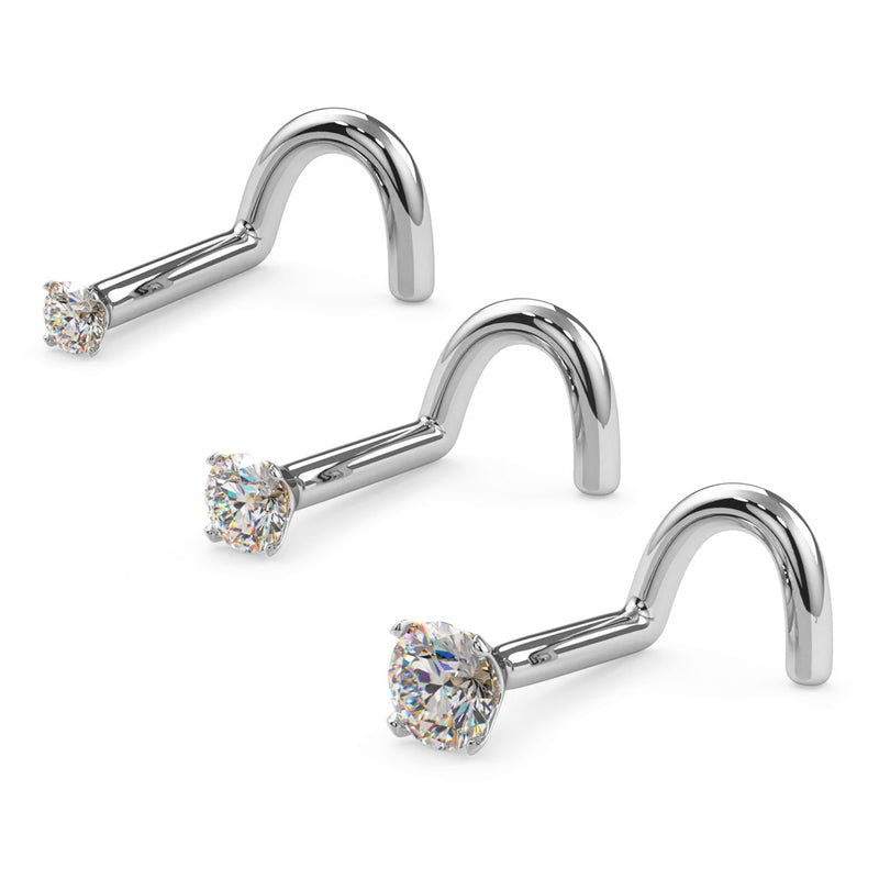Set of three 14k white gold VS1 diamond nose rings with martini-prong setting in 1.5mm, 2mm, and 2.5mm