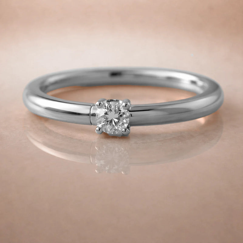 14K white gold diamond side-set seam ring hoop with round diamond prong setting, reflective surface