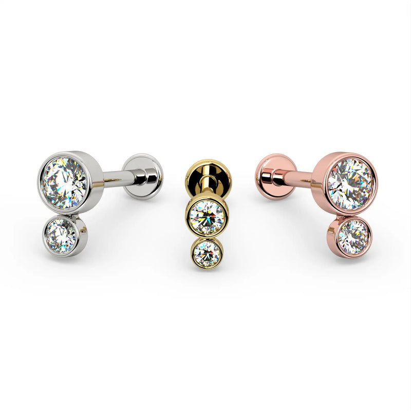 Diamond bubble flat back stud in all three metal options: 14k white gold, yellow gold, and rose gold