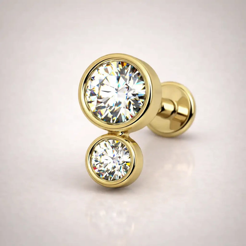 14k yellow gold diamond bubble flat back stud, angled view showing dual bezel settings and flat back post