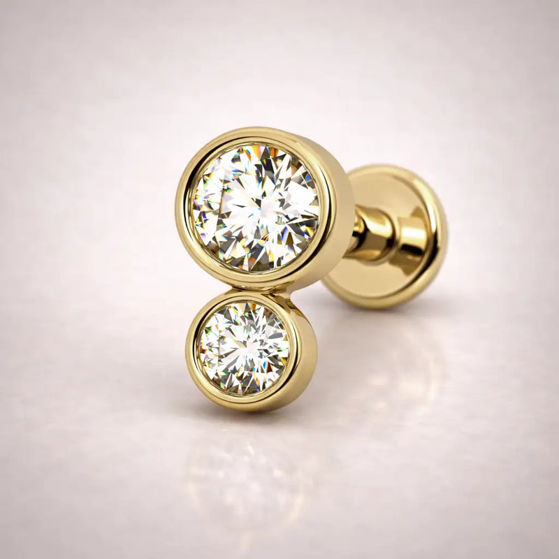 14k yellow gold diamond bubble flat back labret stud, angled side view showing flat disc backing and post